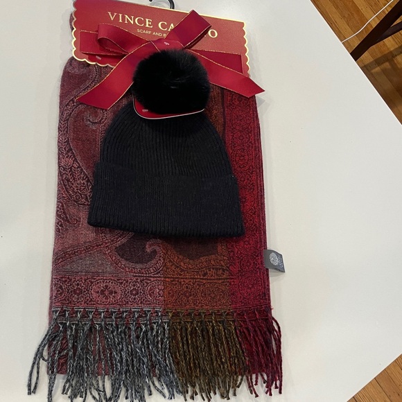 Vince Camuto Accessories - Vince Camuto (NWT) Black Pom-Pom Beanie and Burgundy Paisley Scarf